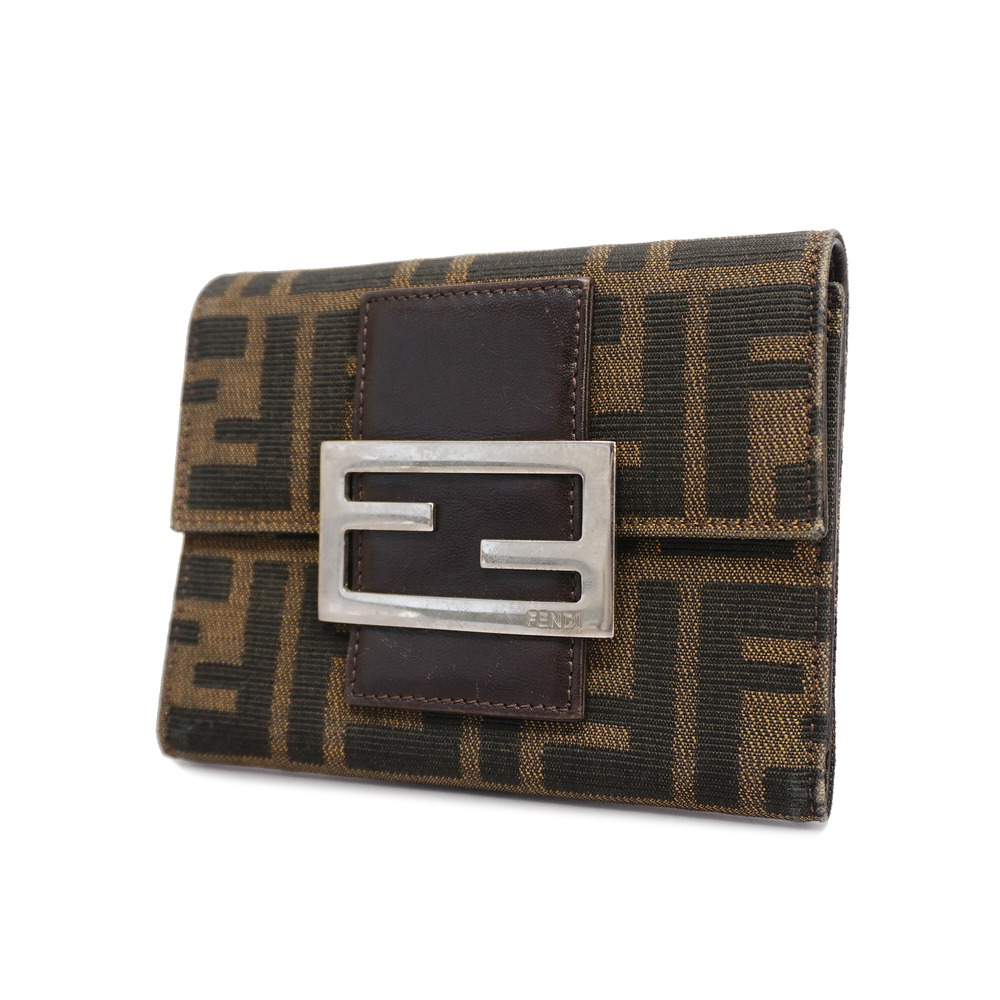 [3zc3280] Auth Fendi Trifold Wallet Zucca Nylon Canvas/Leather Brown Silver m...